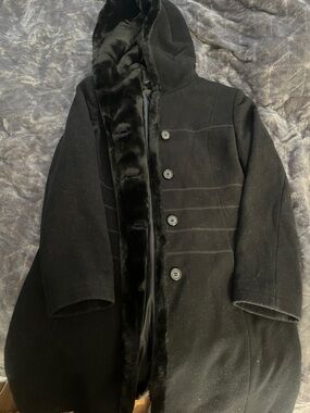 Collection B Black Hooded Pea Coat with Faux-Fur Trim